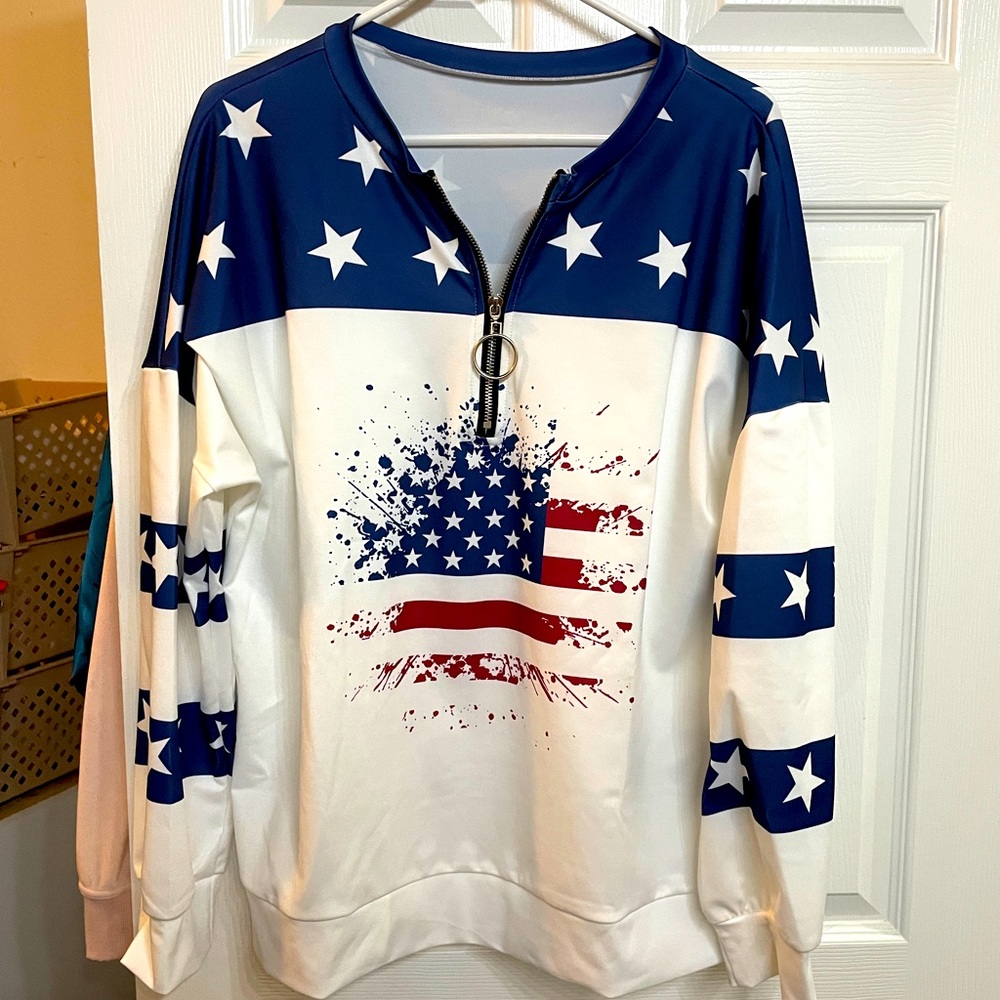 Patriotic Star & Stripe Zip-Front Sweatshirt - White/Blue/Red